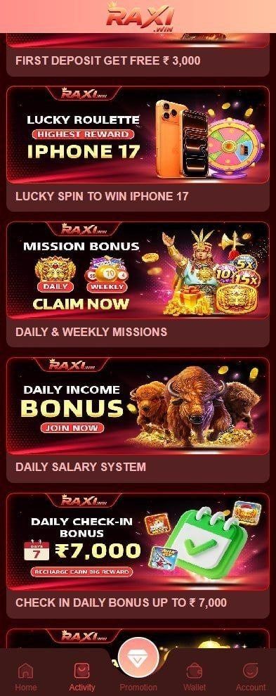 Raxigame bonus and offers screen with missions, check-in rewards and lucky spin