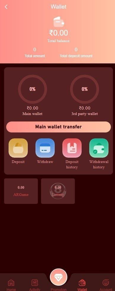 Raxigame wallet showing deposit, withdrawal, payment history and wallet transfer controls